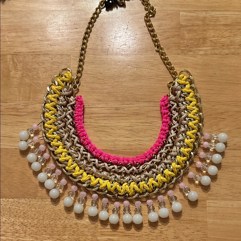 Vibrant Pink and Yellow Necklace with Gold Accents